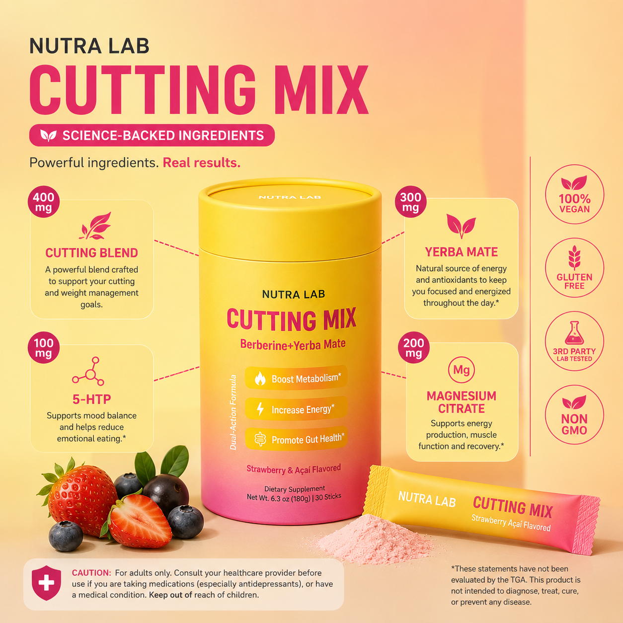 Cutting Drink Mix – Strawberry Açaí Flavor – 30 Servings